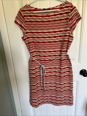 Sharagano Red, Tan and White Striped Tie-Waist Mini Dress